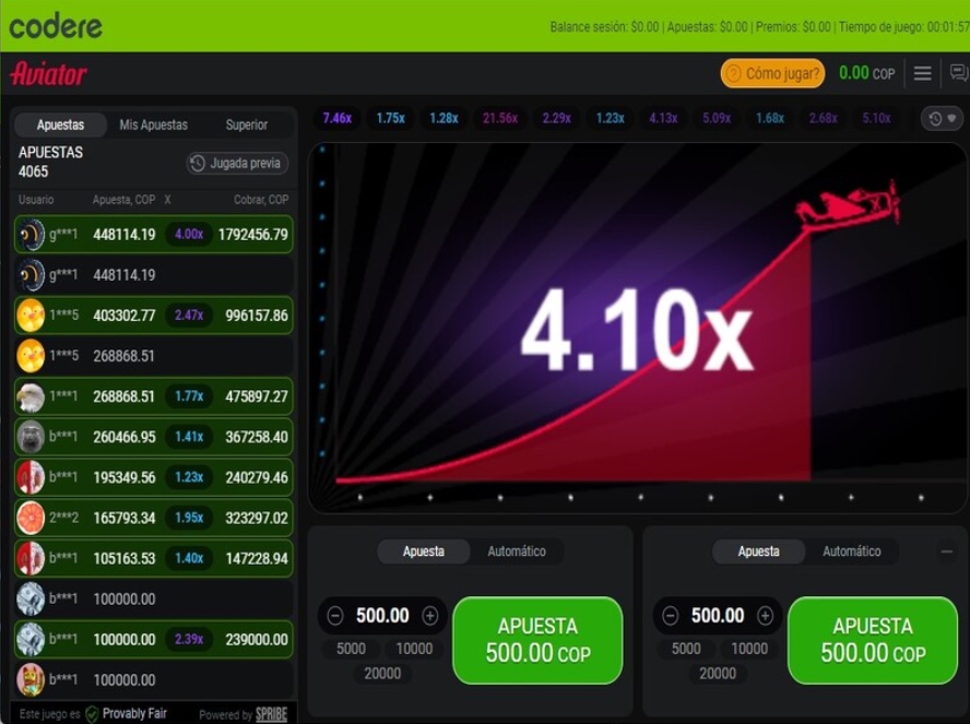 Funciones de Aviator en Codere.